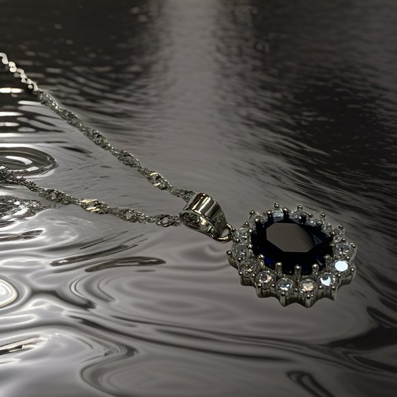 Fifth Avenue Vintage British Princess Wedding Blue Sapphire Pendant Necklace - Picture 7 of 12